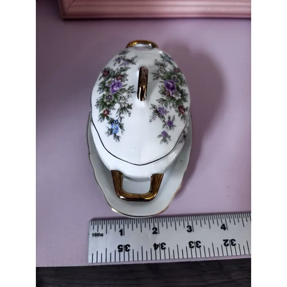 Vtg Lefton China hand painted Sugar Bowl Lid & Attached Underplate Cottage